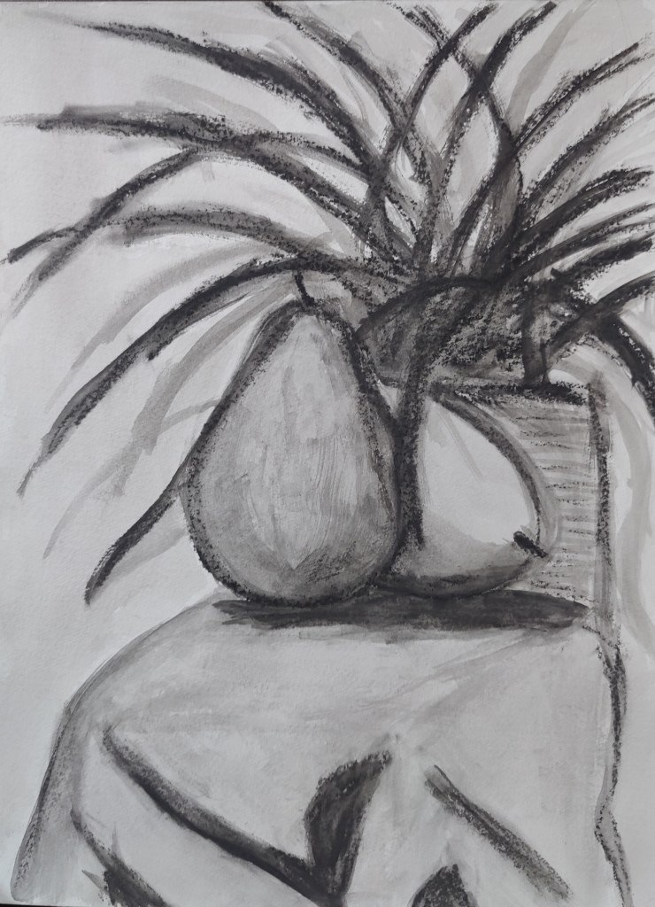 A monochromatic painting of pears and houseplant using charcoal and water for my undergraduate art class.