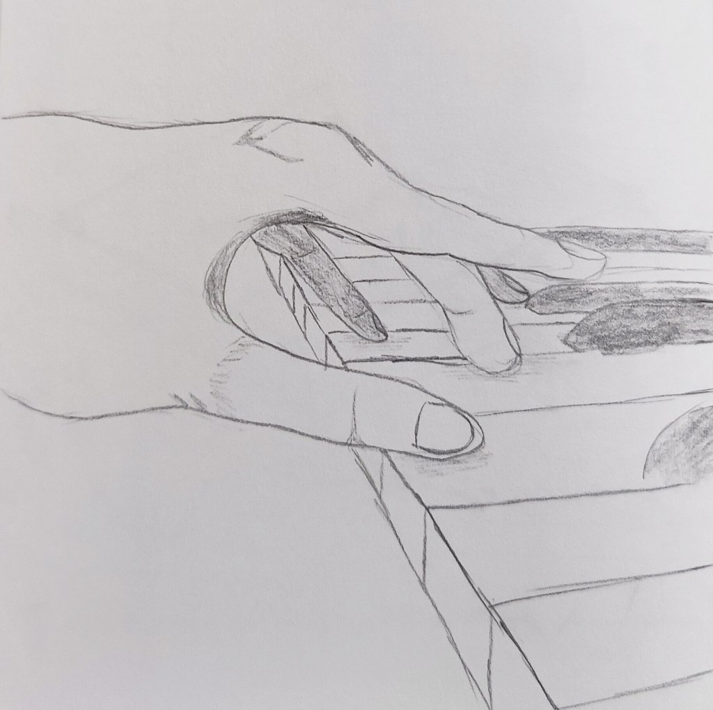 A study of a hand playing the keys of a piano for my undergraduate art class.