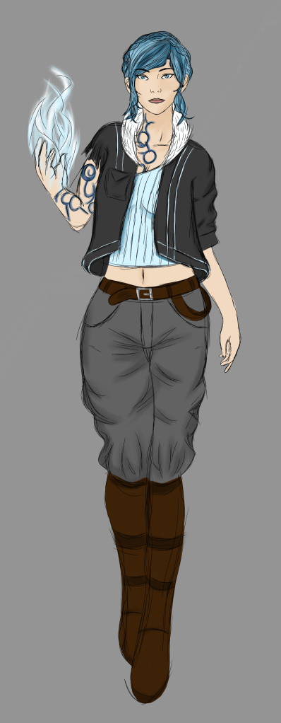 Full-body digital artwork of original character Freya in a Borderlands campaign.