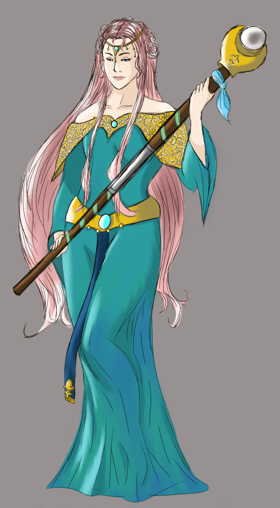 Full-body digital artwork of original character Lysiane, a Grail Damsel in a Warhammer Fantasy campaign.