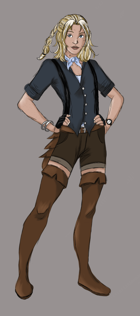 Full-body digital artwork of original character Erika Cromwell, a treasure hunter in a Dungeons & Dragons campaign.