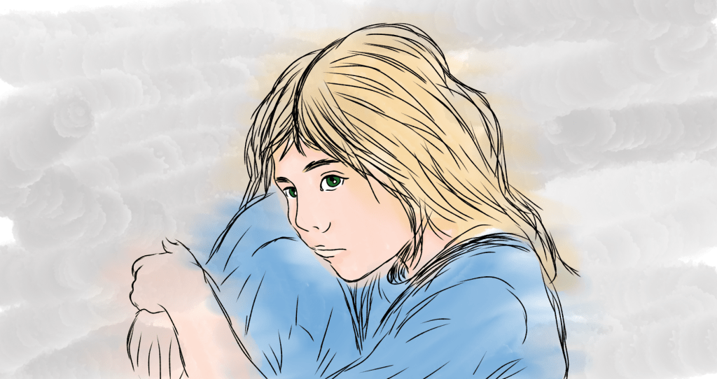 Avery rests her head on her knees with a downcast, unsure expression. Watercolor brushes and blurred the colors to symbolize Avery's internal and external conflict. This digital drawing was created for my flash fiction story "Bunny Ears" reprinted in Spillwords.