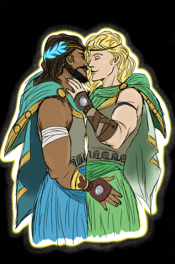 Digital fan art of Achilles and Patroclus from the video game Hades by Supergiant Games. Original art by Jennifer Ze.