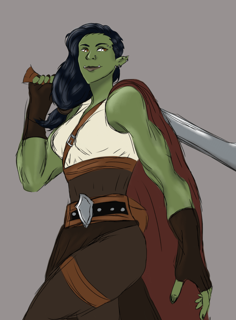 Digital artwork of original character Tezira, a Half-Orc former soldier and fighter in a Shadowdark one-off campaign.
