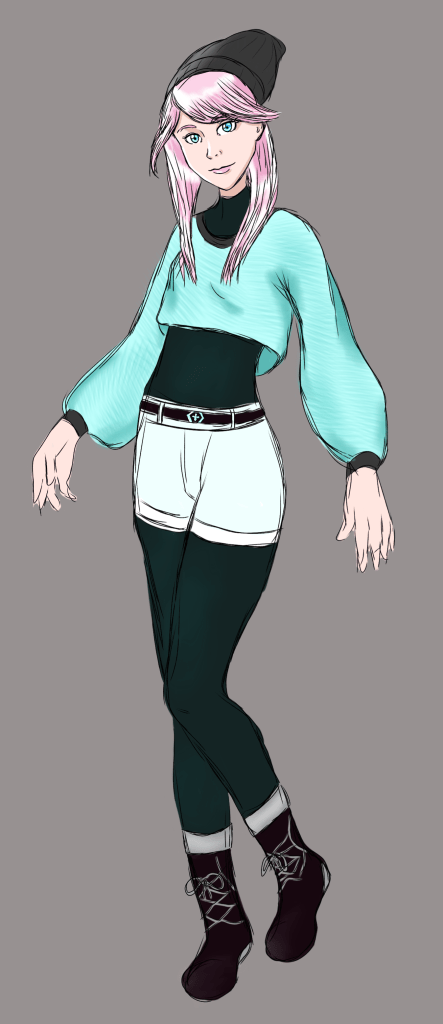Digital artwork of original character Avie, an Ice-type Pokemon trainer in a Pokemon-inspired Dungeons & Dragons one-off campaign.