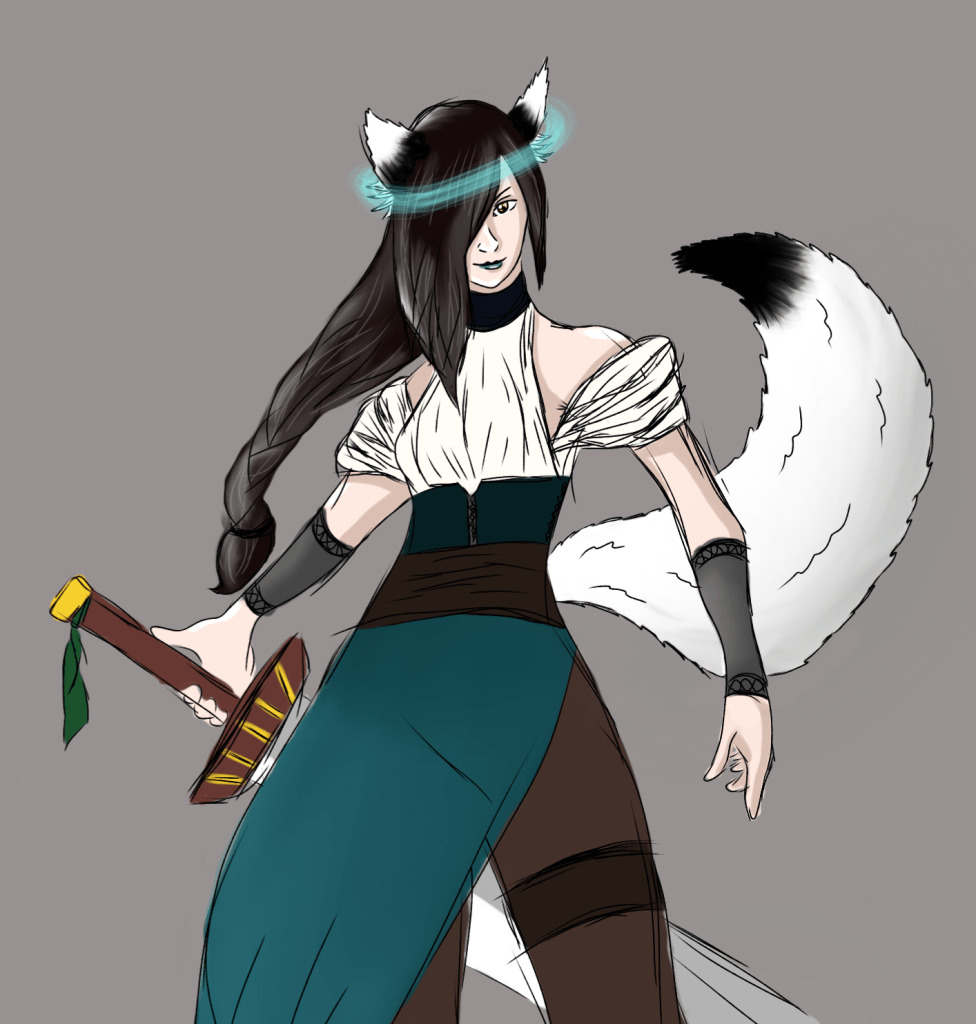 Digital artwork of original character Emmy, a Hengeyokai Battlemind in a Dungeons & Dragons campaign.