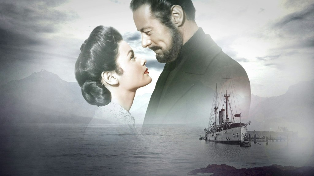 Promotional poster of Lucy and Captain Gregg superimposed on horizon line with water and a ship.